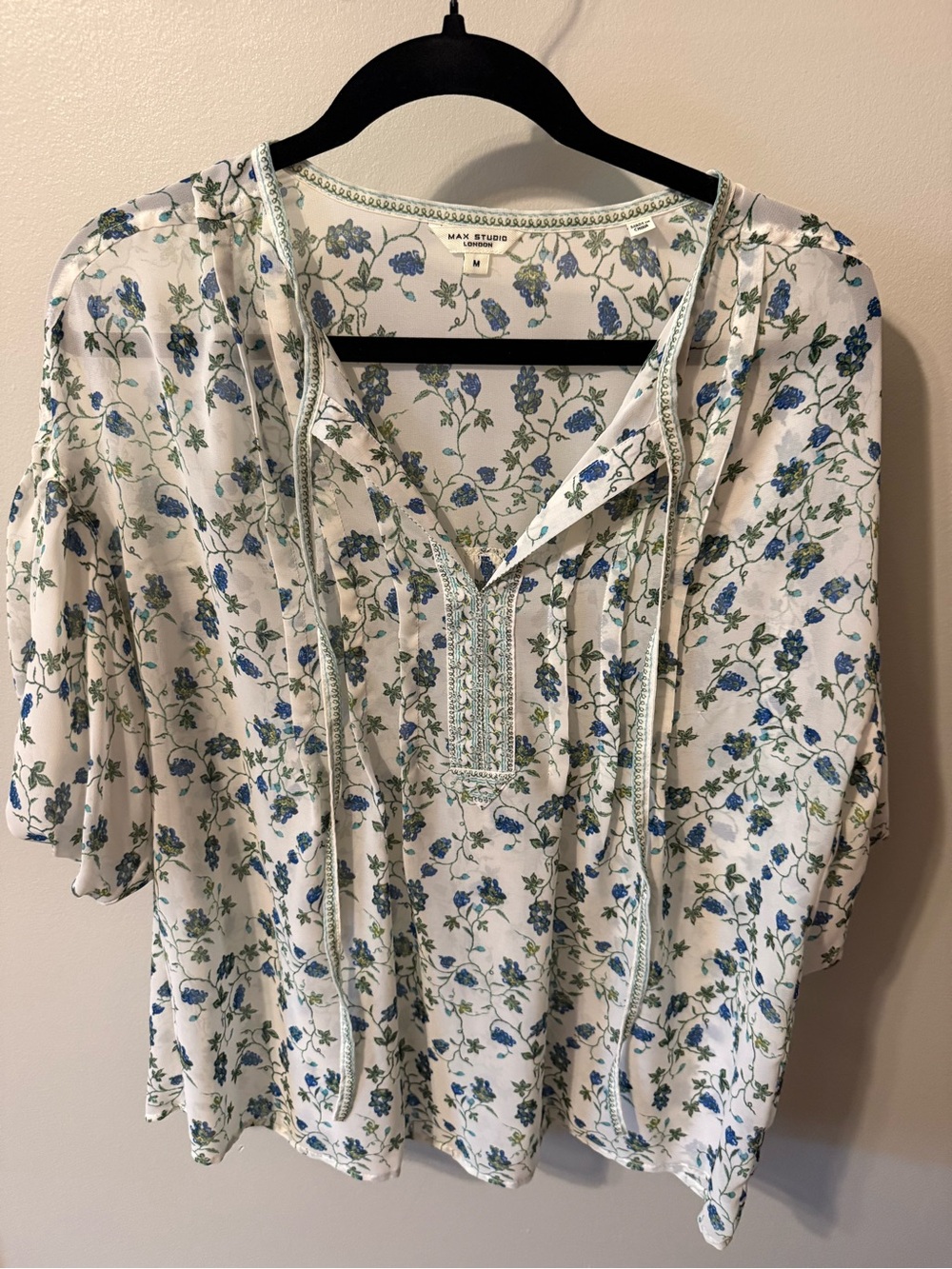 Max Studio White Floral Peasant Blouse - Blue & Green Print